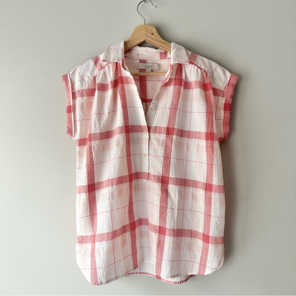 LOFT Plaid Seersucker Button Down Blouse